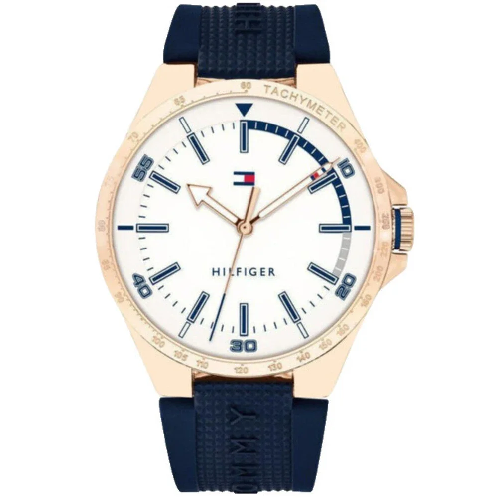 TOMMY HILFIGER 1791526 WHITE DIAL BLUE SILICONE STRAP QUARTZ 46MM MENS WATCH